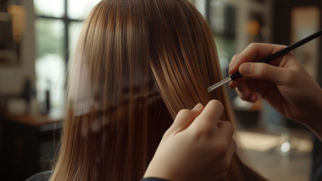 Hairdresser applying balayage highlights freehand