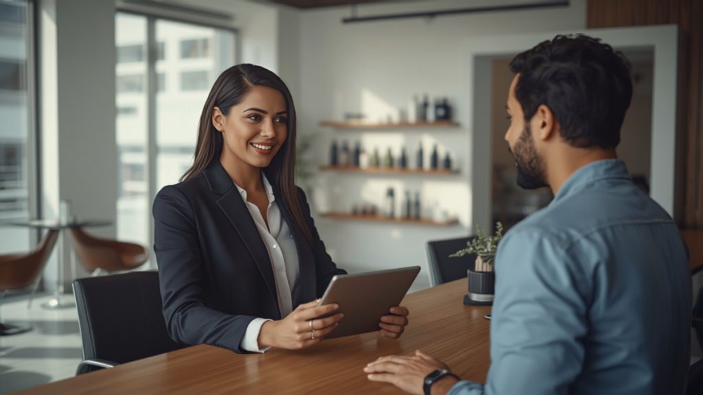 Consulenza alla reception con la prenotazione online su un tablet
