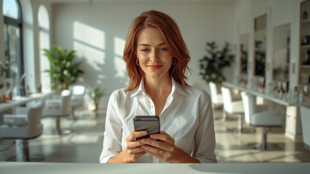 Titolare del salone controlla le recensioni dei clienti sullo smartphone alla reception