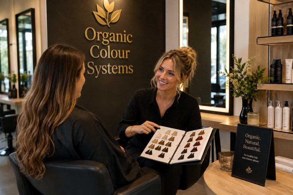Coloriste montrant une carte de couleurs à une cliente pendant le conseil en salon