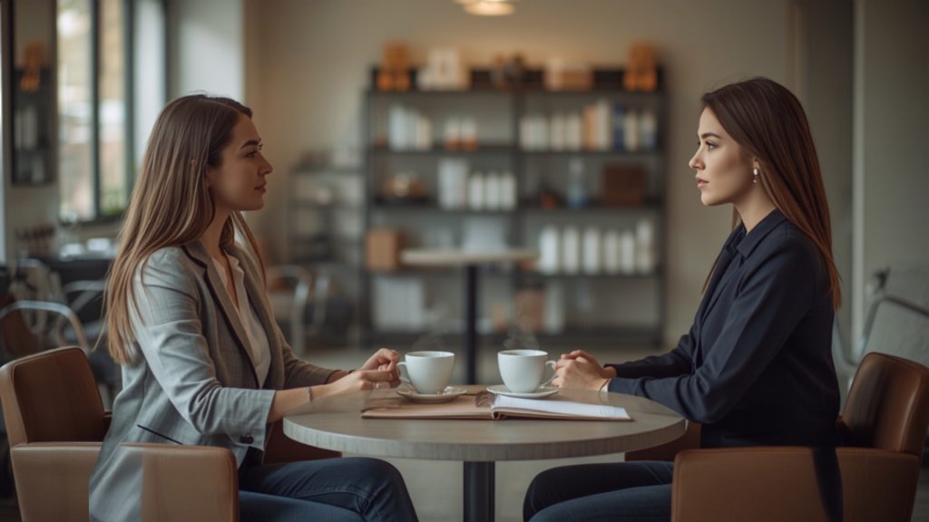 Entretien individuel calme autour d'une table dans le salon
