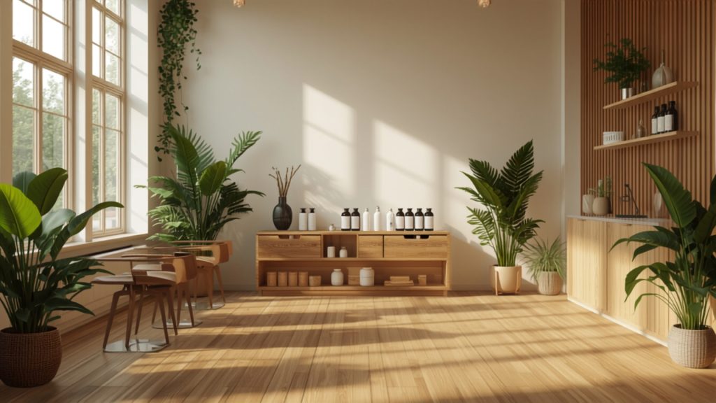 Salon with plants and sustainable materials
