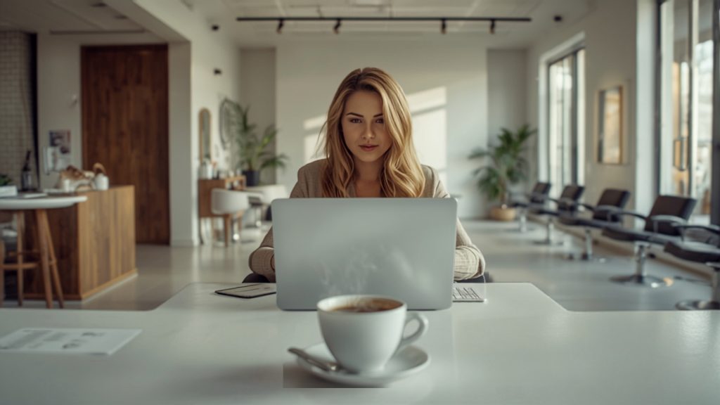 Titolare del salone che scrive una newsletter al computer portatile