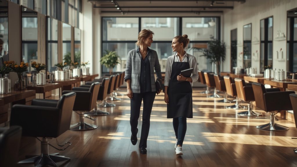 Experienced colleague showing a new employee around the salon