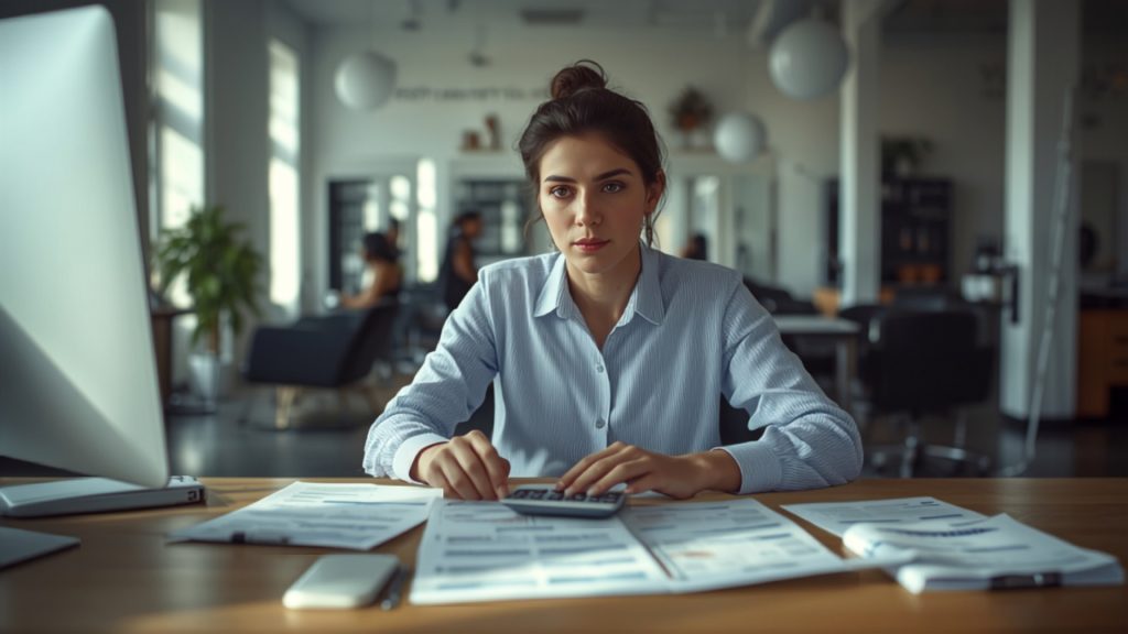 Salon owner working on wage calculations at her desk