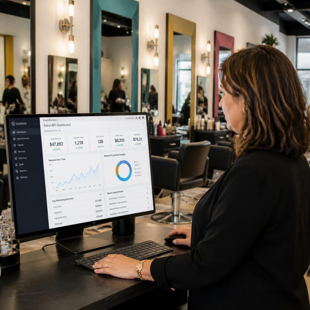 Salon KPI dashboard on screen showing revenue, appointments and key metrics at a glance