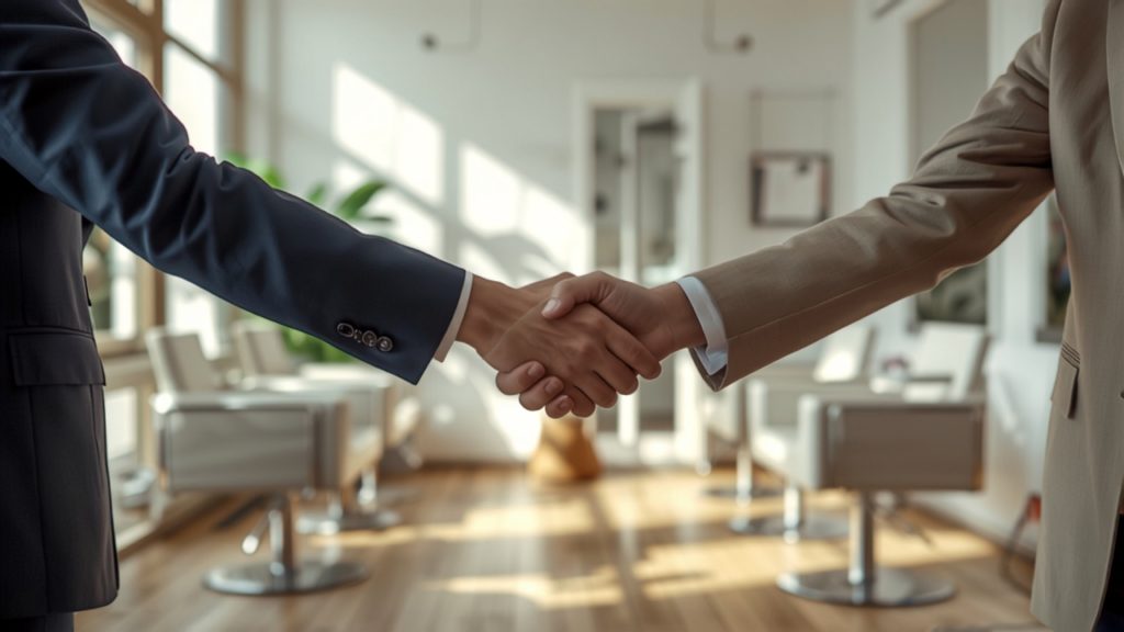 Poignée de main entre deux personnes dans un salon de coiffure