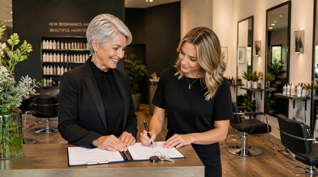 Two women signing handover documents at the salon reception during a takeover