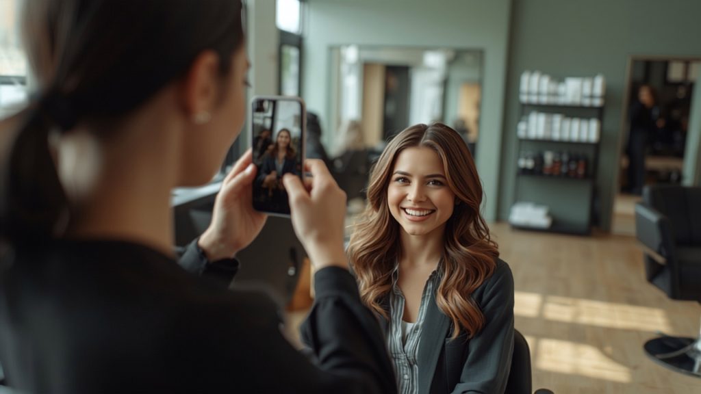 Parrucchiera che fotografa l'acconciatura finita di una cliente sorridente
