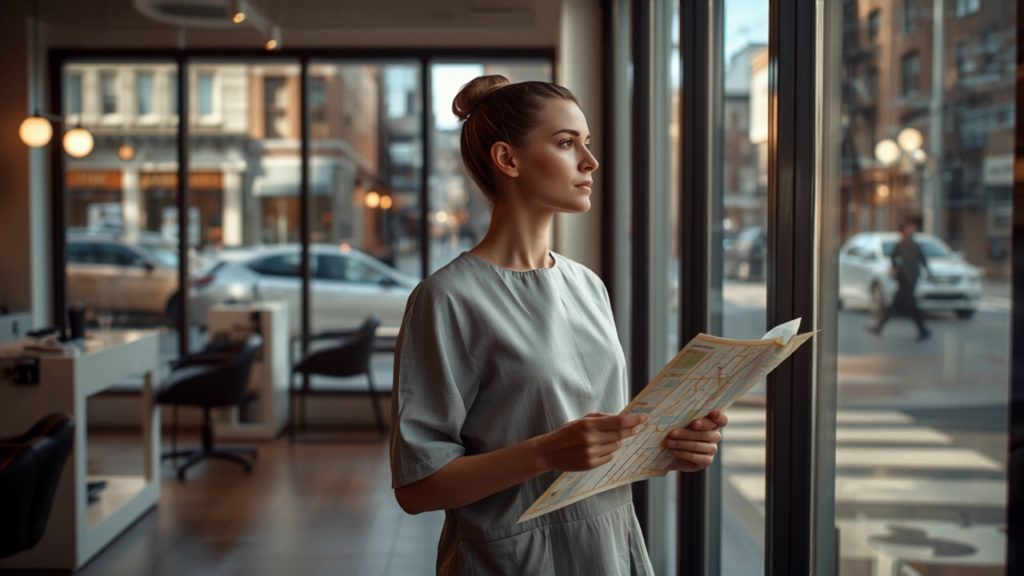 Salonbesitzerin mit Stadtplan blickt aus dem Fenster auf die Nachbarschaft
